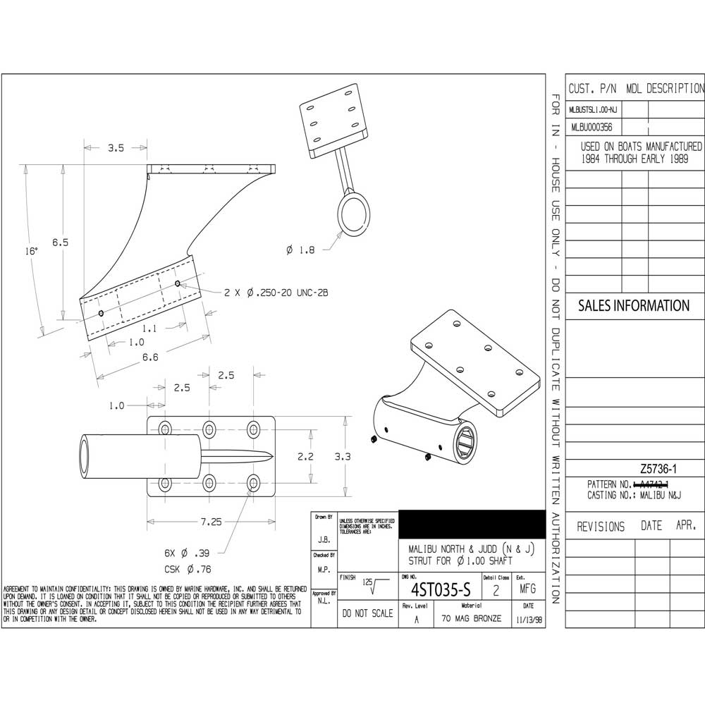 Strut Malibu N & J With Bearings 1 Inch Shaft Marine Hardware OEM MLBU000356